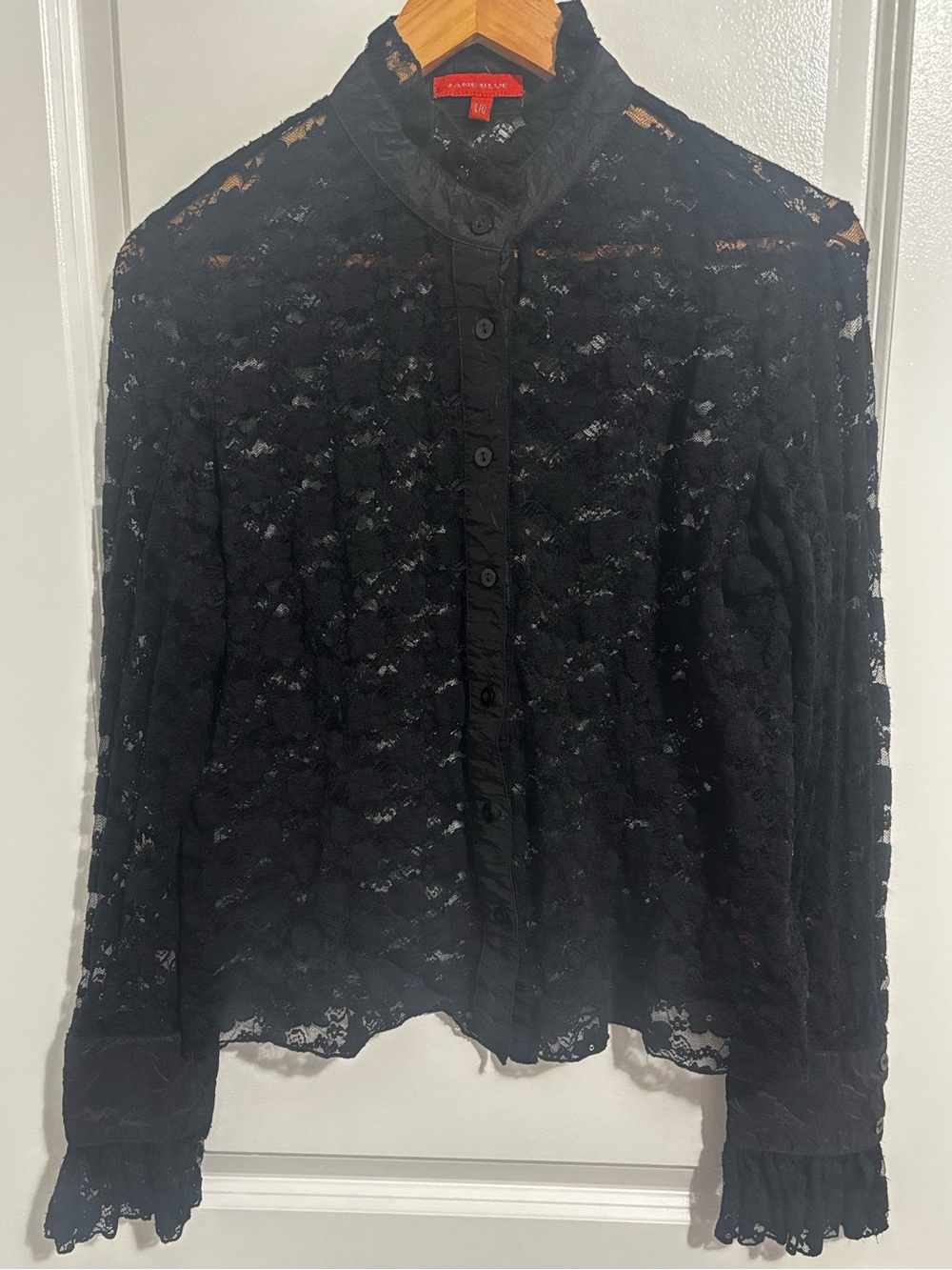 Jane Blue Sheer Black Lace Top Size Large Coquette Gothic Blouse